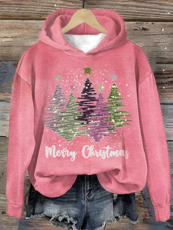 Dames kerst hoodie met capuchon en vrolijke kerstboomprint