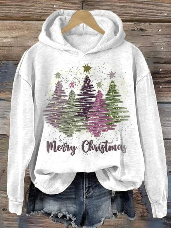 Dames kerst hoodie met capuchon en vrolijke kerstboomprint