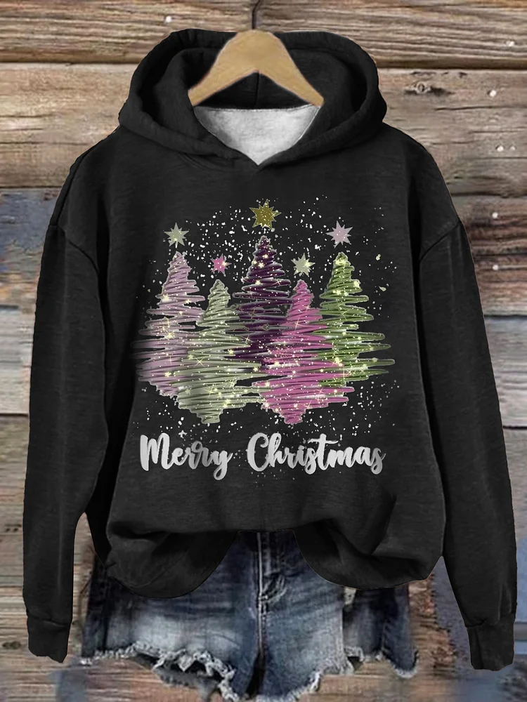 Dames kerst hoodie met capuchon en vrolijke kerstboomprint