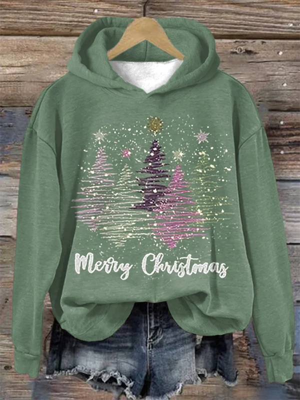 Dames kerst hoodie met capuchon en vrolijke kerstboomprint