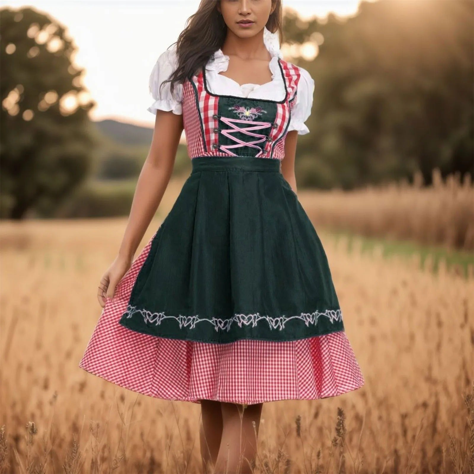 Dalissa™ - Oktoberfest dirndl met geruit patroon en korte mouwen