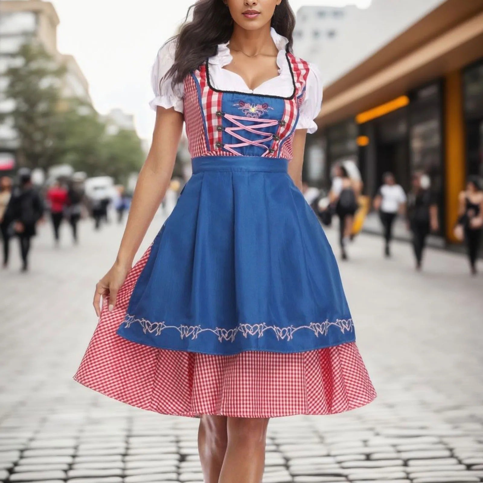 Dalissa™ - Oktoberfest dirndl met geruit patroon en korte mouwen